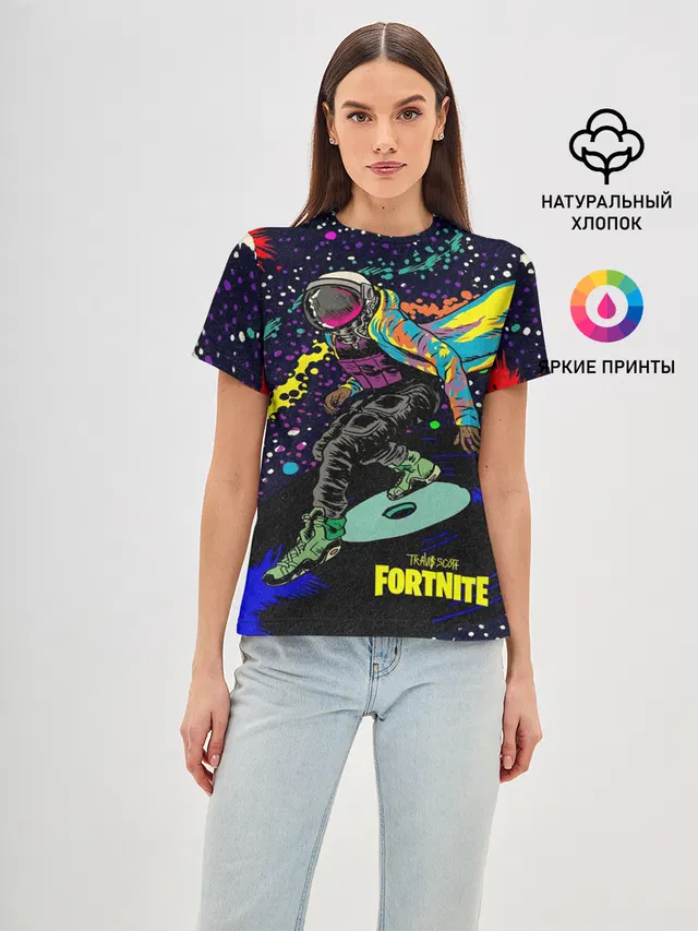 Женская базовая футболка с принтом «Фортнайт — TRAVIS SCOTT+FORTNITE»