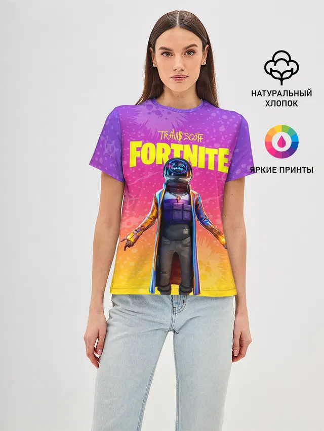 Женская базовая футболка с принтом «Фортнайт — TRAVIS SCOTT+FORTNITE»