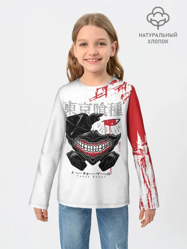 Детский лонгслив с принтом «Токийский Гуль — Kaneki Ken кусок головы»
