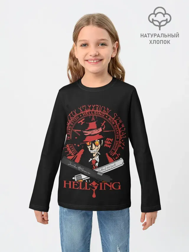 Детский лонгслив с принтом «Alucard на черном фоне»