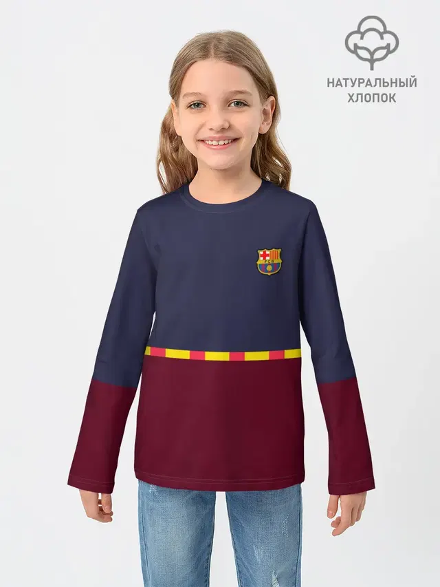 Детский лонгслив с принтом «Барселона — FC Barcelona — Flag and team Logo»