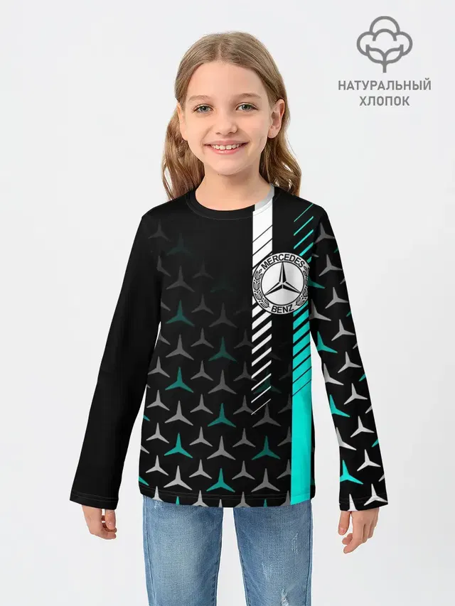 Детский лонгслив с принтом «Merсedes — МЕРСЕДЕС — AQUA BLACK GRADIENT»