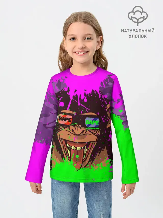Детский лонгслив с принтом «Модные — 3D Neon Monkey»