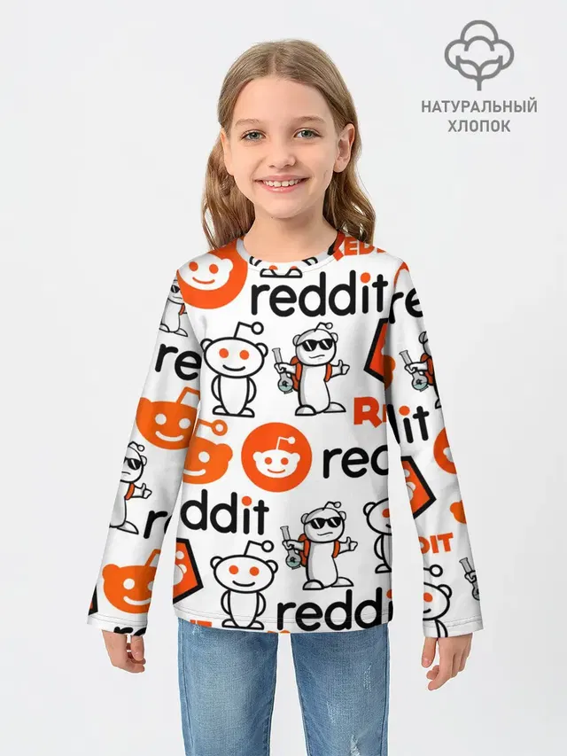 Детский лонгслив с принтом «Социальные сети — REDDIT — РЕДДИТ — ЛОГОБОМБИНГ»