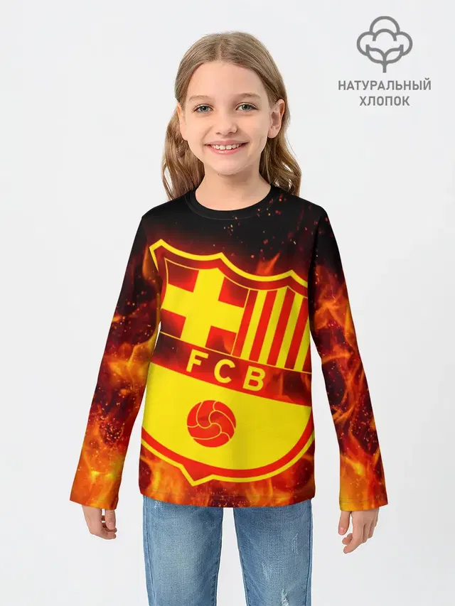 Детский лонгслив с принтом «Барселона — FC BARCELONA — FIRE — ОГОНЬ»
