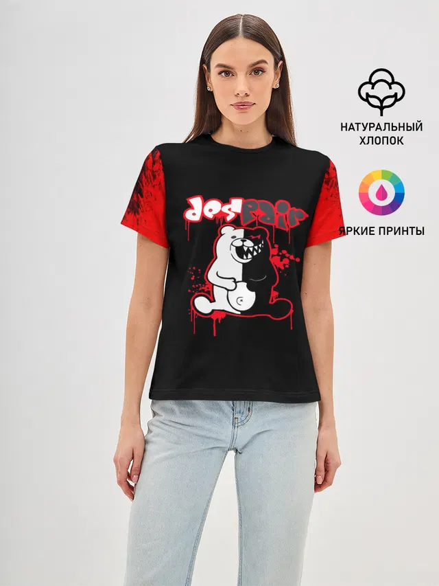 Женская базовая футболка с принтом «monokuma красные потертости»
