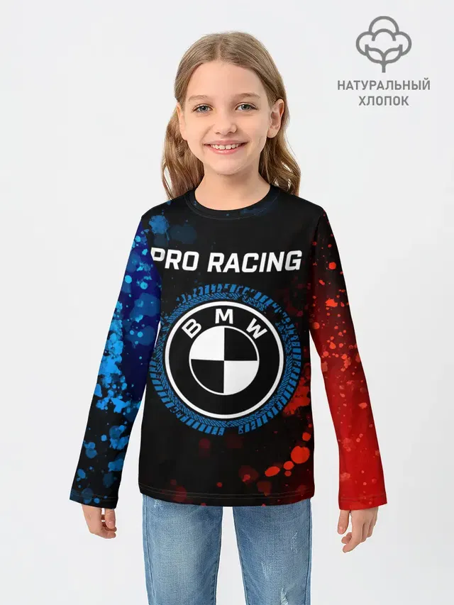 Детский лонгслив с принтом «BMW — БМВ - Racing»