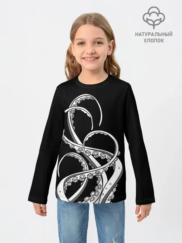 Детский лонгслив с принтом «Рыбы — Octopus Black and White»