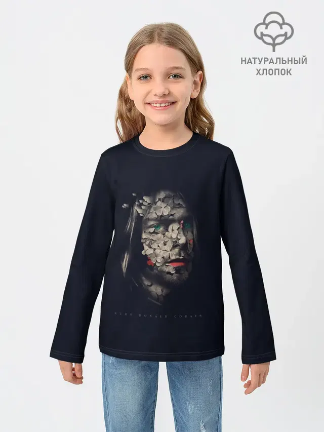 Детский лонгслив с принтом «Kurt Cobain — Цветочный Курт»