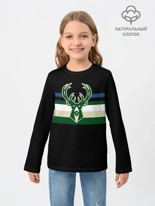 Детский лонгслив с принтом «НБА — Milwaukee Bucks форма. Statement Edition»
