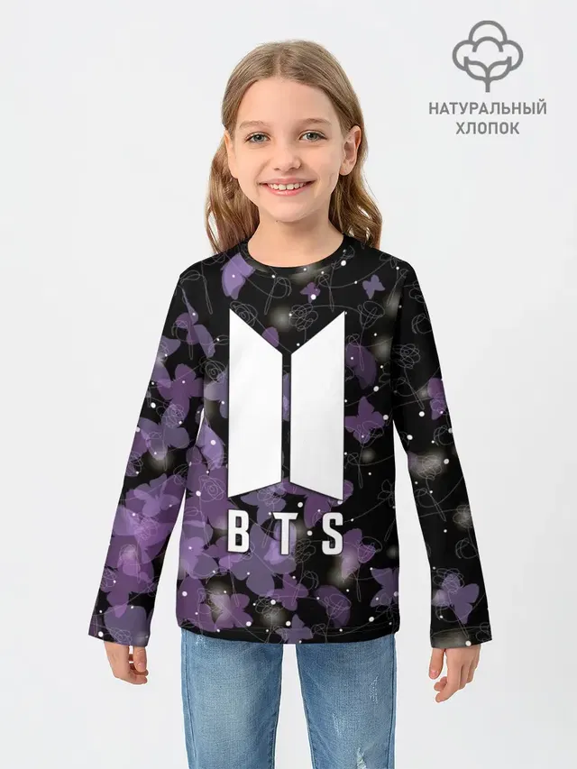 Детский лонгслив с принтом «BTS — BTS BUTTERFLIES — БАБОЧКИ»