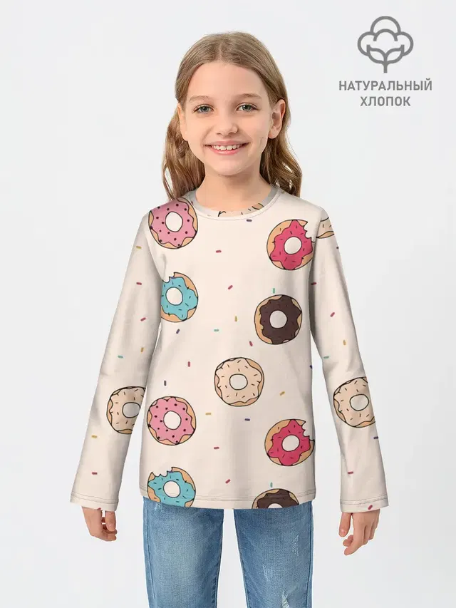 Детский лонгслив с принтом «Еда — Кусанные пончики»