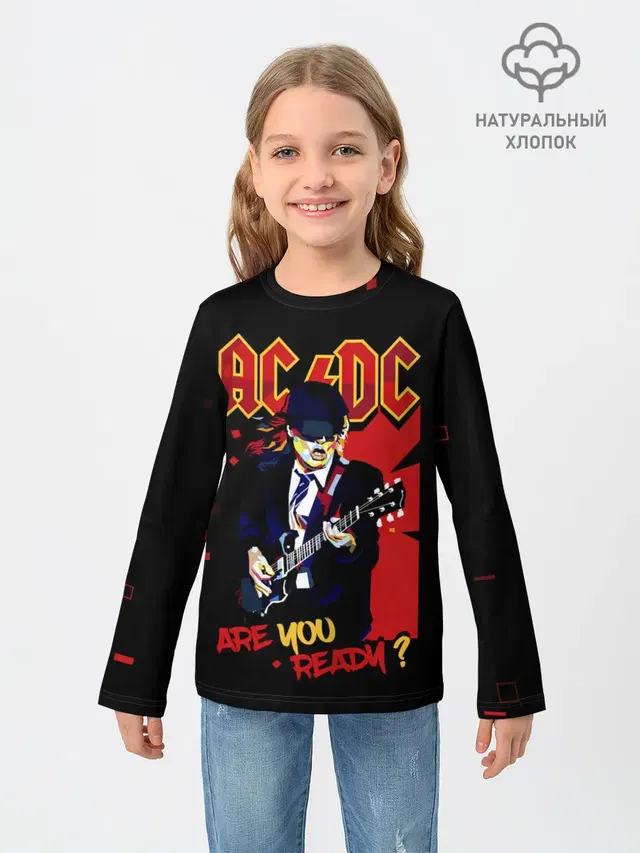 Детский лонгслив с принтом «Angus Young — ARE YOU REDY? AC/DC»
