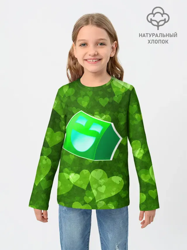 Детский лонгслив с принтом «Geometry Dash Green Love — Green Love»