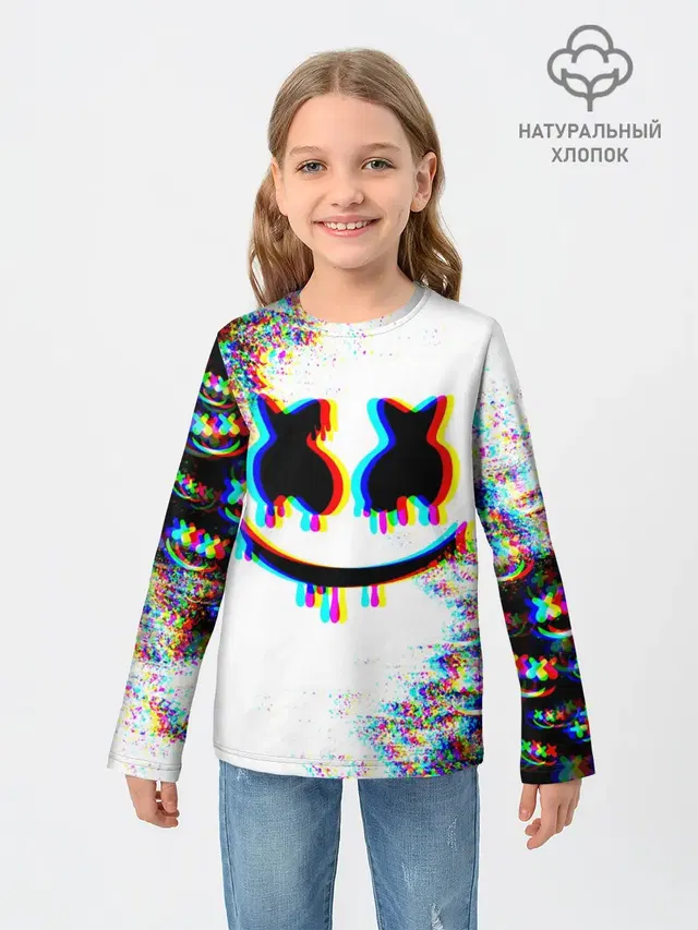 Детский лонгслив с принтом «Marshmello — MARSHMELLOW GLITCH»