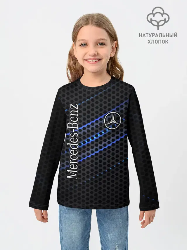 Детский лонгслив с принтом «Mercedes Logo Neon»