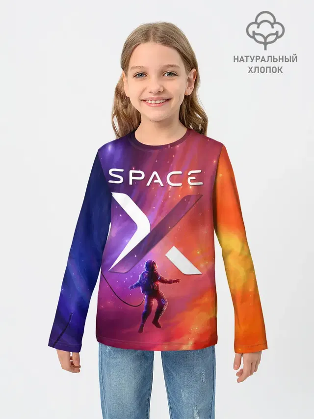 Детский лонгслив с принтом «Астрономия, космос — Space X»