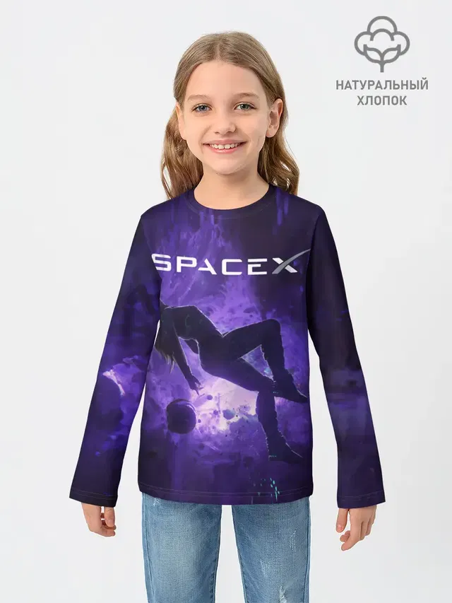 Детский лонгслив с принтом «Астрономия, космос — Space X Girl in zero gravity»