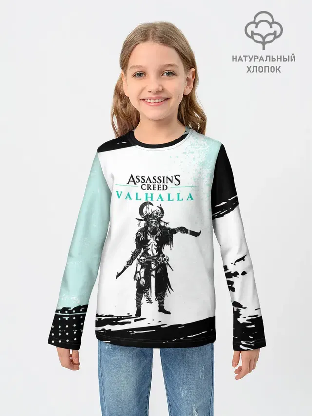 Детский лонгслив с принтом «Viking warrior — АССАСИН КРИД — ASSASSINS CREED VALHALLA»