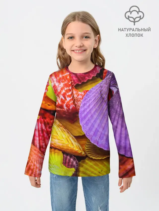 Детский лонгслив с принтом «Природа — Разноцветные ракушки multicolored seashells»