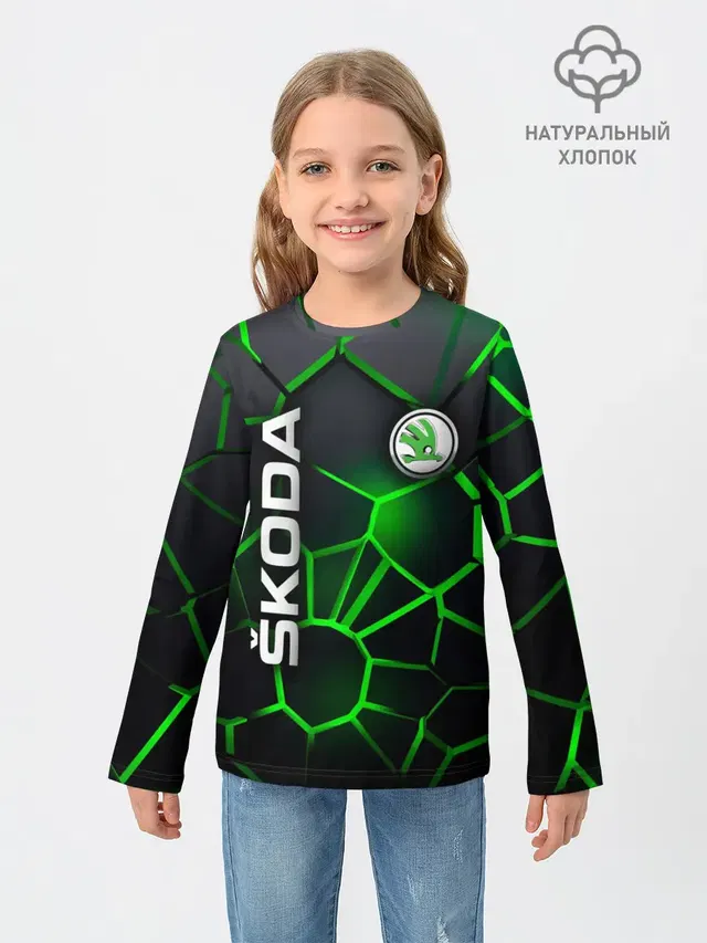 Детский лонгслив с принтом «Skoda — 3D плиты с подсветкой Шкода»