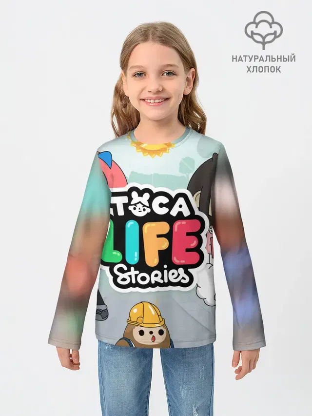 Детский лонгслив с принтом «Toca Boca — TOCA BOCA STORIES, ТВОЯ ИСТОРИЯ»