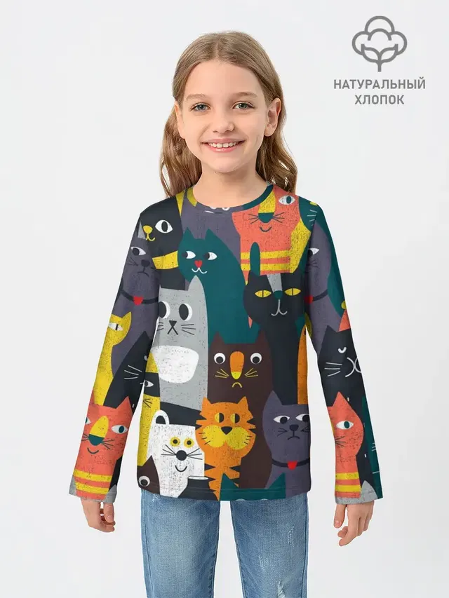 Детский лонгслив с принтом «Коты и кошки — крутые коты»