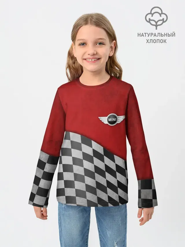 Детский лонгслив с принтом «Mini Cooper — Финиш Cooper»