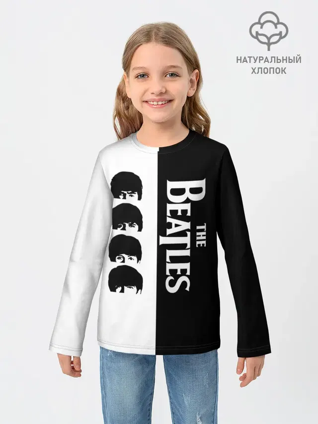Детский лонгслив с принтом «The Beatles — The Beatles черно - белый партер»