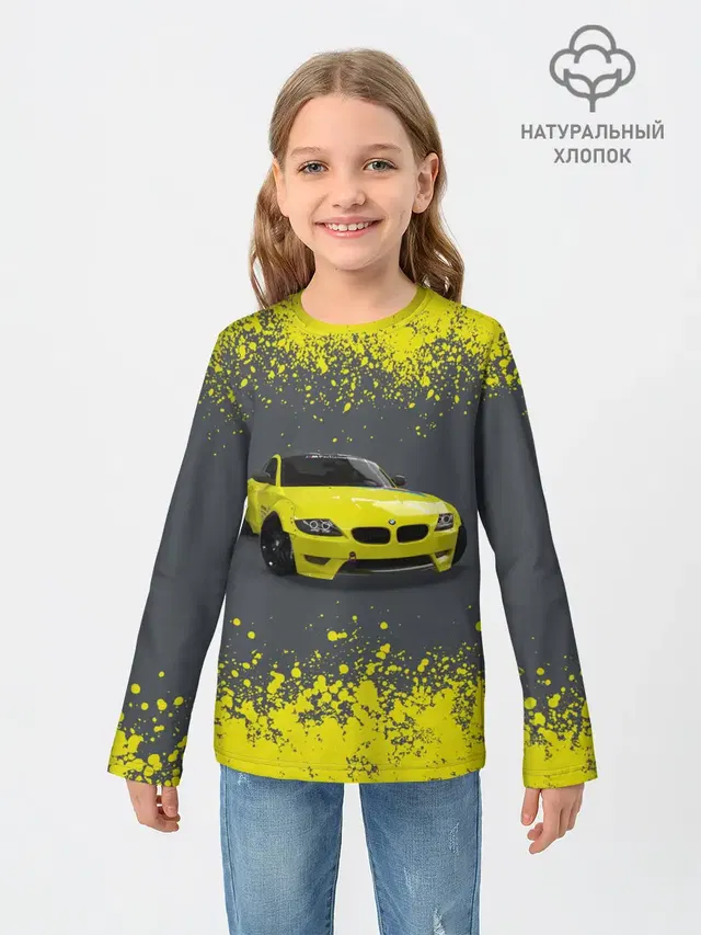 Детский лонгслив с принтом «BMW — ЖЕЛТЫЙ ПЕРФОРМАНС»