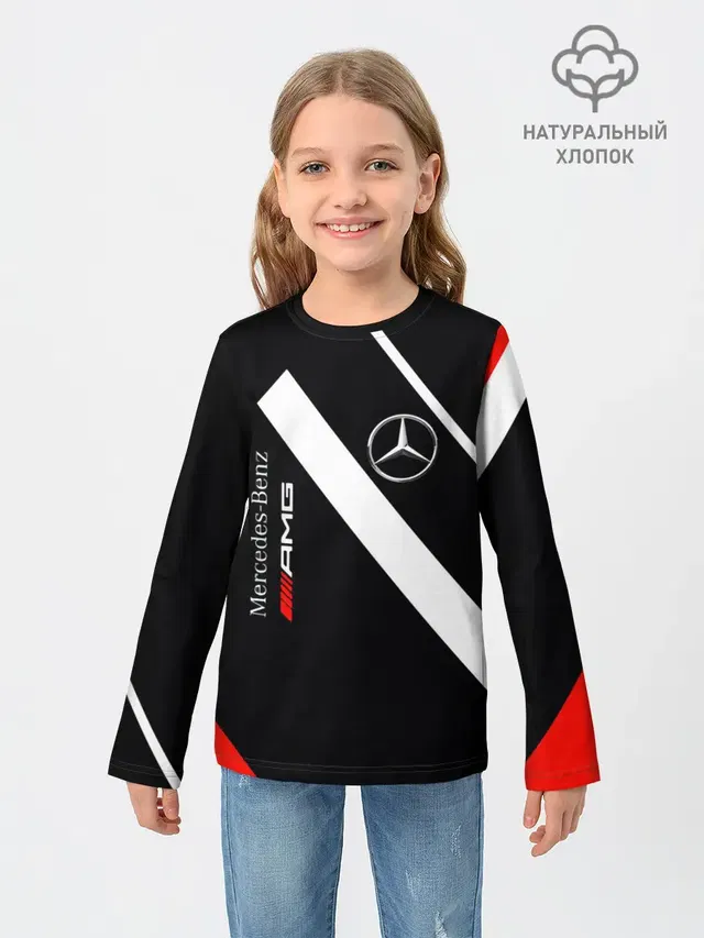 Детский лонгслив с принтом «Merсedes — Mercedes-AMG — Мерседес-АМГ»