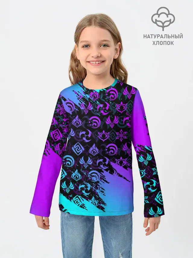 Детский лонгслив с принтом «Геншин Импакт — GENSHIN NEON PATTERN SYMBOL — НЕОН ЭМБЛЕМЫ»