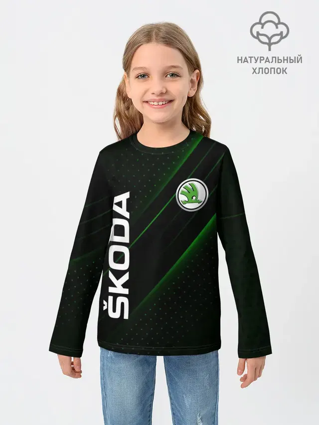 Детский лонгслив с принтом «Skoda — SKODA, ШКОДА»