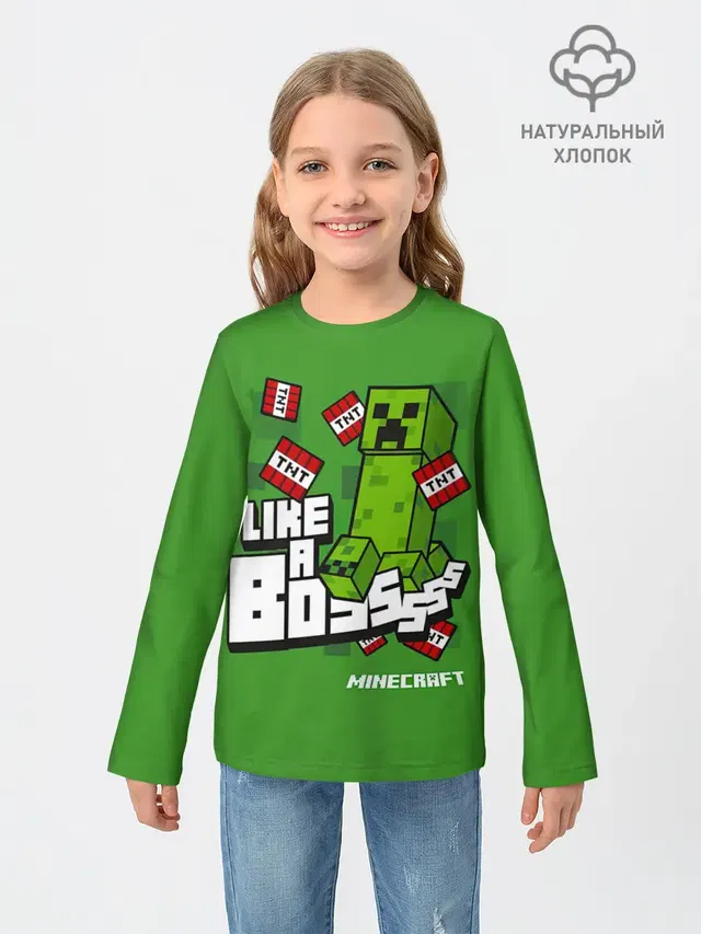 Детский лонгслив с принтом «Майнкрафт — LIKE A BOSS Minecraft Creepe»