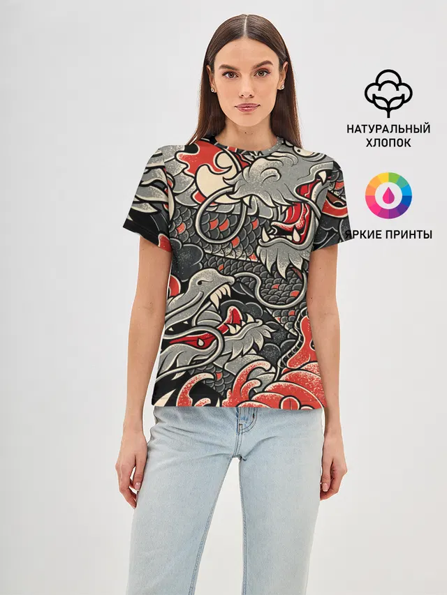 Женская базовая футболка с принтом «Популярные — Dsquared tatoo DRAGON»