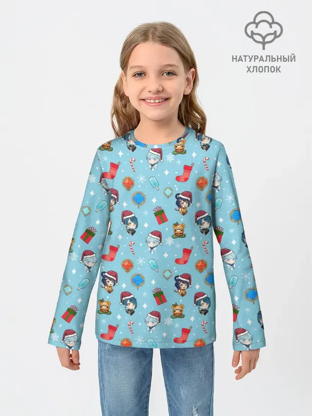 Детский лонгслив с принтом «Геншин Импакт — GI Christmas Pattern»