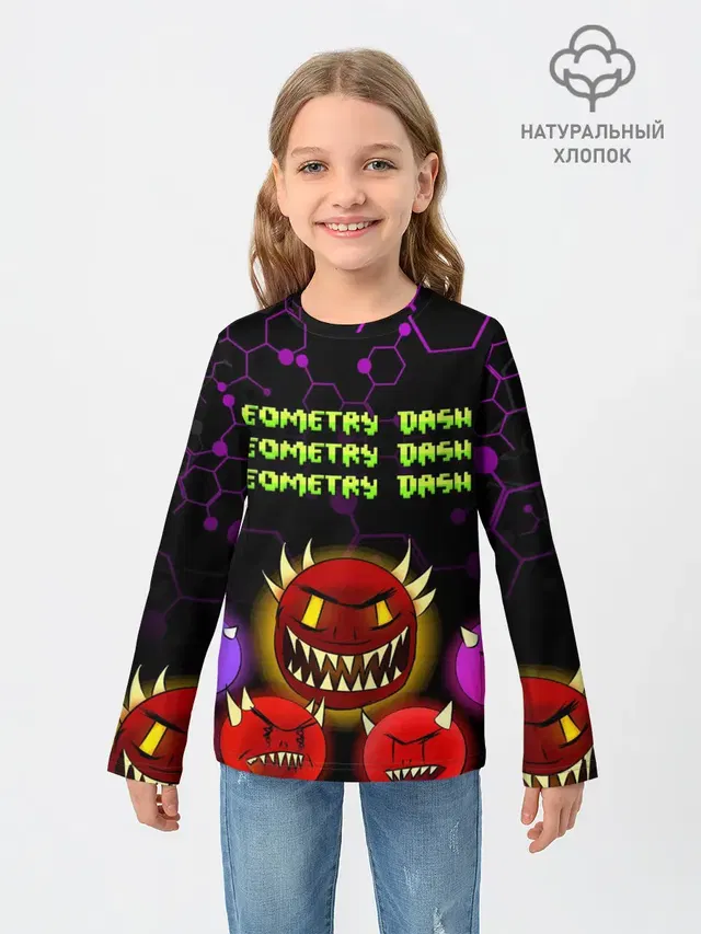 Детский лонгслив с принтом «Geometry Dash — GEOMETRY DASH DEMONS — ДЕМОНЫ»
