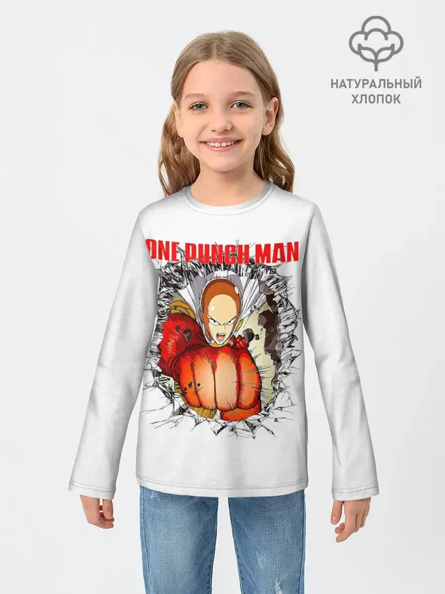 Детский лонгслив с принтом «Punch — Удар сквозь стену One Punch-Man»
