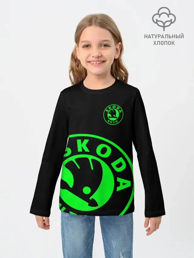 Детский лонгслив с принтом «Skoda — SKODA GREEN LOGO BLACK STYLE»