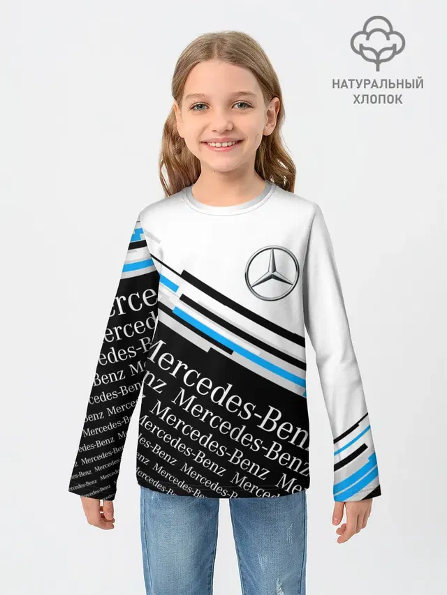 Детский лонгслив с принтом «Mercedes-Benz Мерседес-Бенз — MERCEDES-BENZ — МЕРСЕДЕС-БЕНЗ — BLUE»