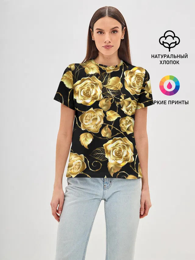 Женская базовая футболка с принтом «Цветы — Golden Roses»