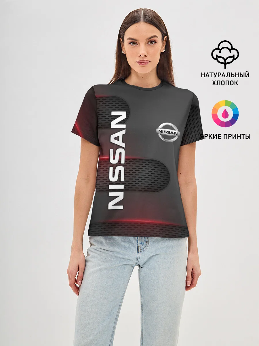 Женская базовая футболка с принтом «Nissan», вид спереди