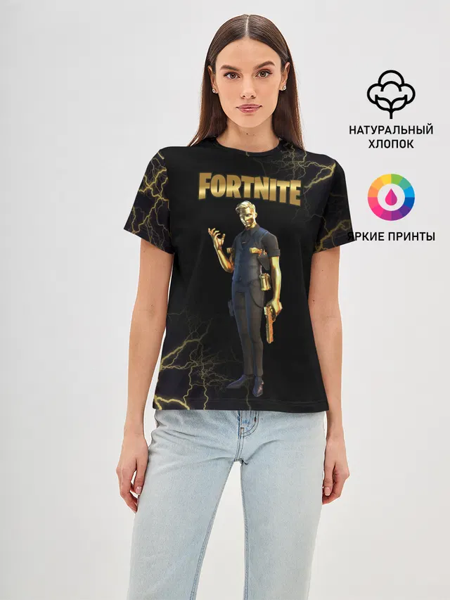 Женская базовая футболка с принтом «Фортнайт — Gold Midas Fortnite 2»
