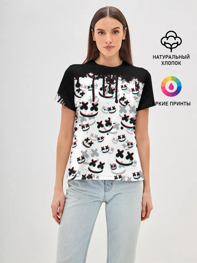 Женская базовая футболка с принтом «Marshmello — MARSHMELLO GLITCH»