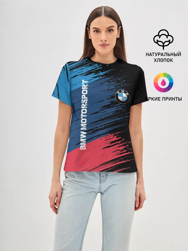 Женская базовая футболка с принтом «BMW — BMW MOTORSPORT»