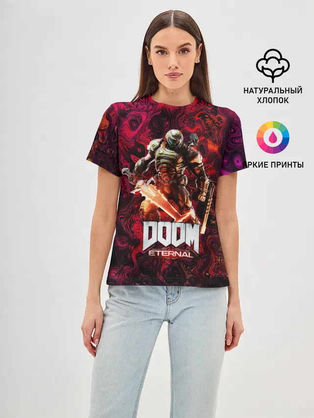 Женская базовая футболка с принтом «Дум — Doom Eternal — Дум Этернал»