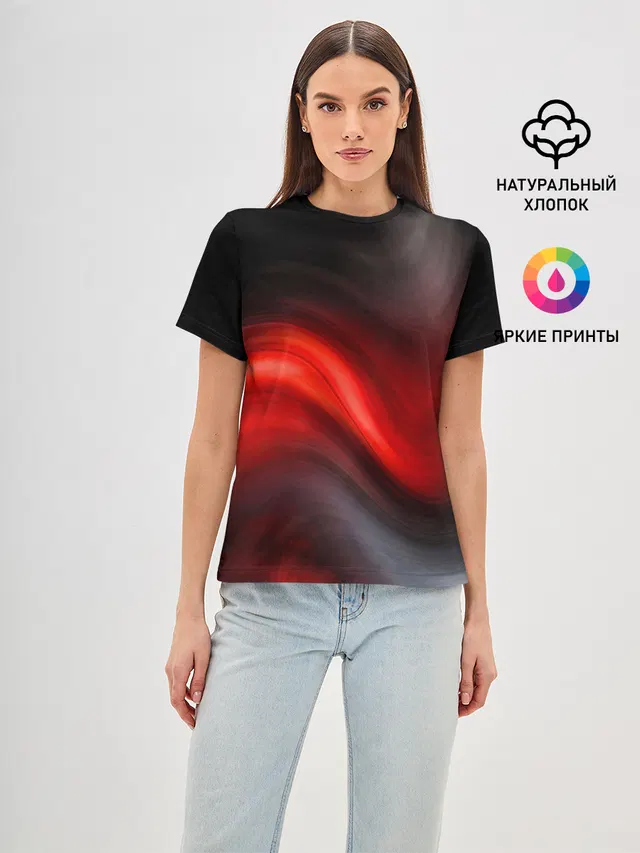 Женская базовая футболка с принтом «Абстракция — BLACK RED WAVES»