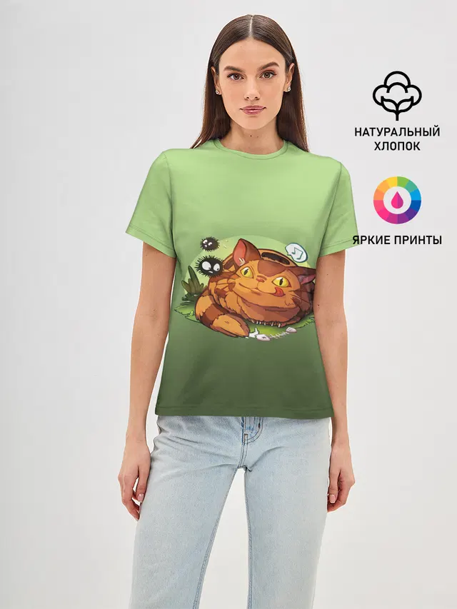 Женская базовая футболка с принтом «Студия GHIBLI — Catbus Studio Ghibli Котобус»