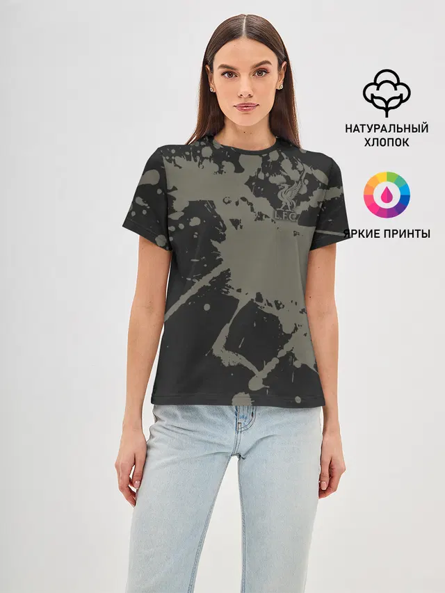 Женская базовая футболка с принтом «Paint splatter — Liverpool F.C.»