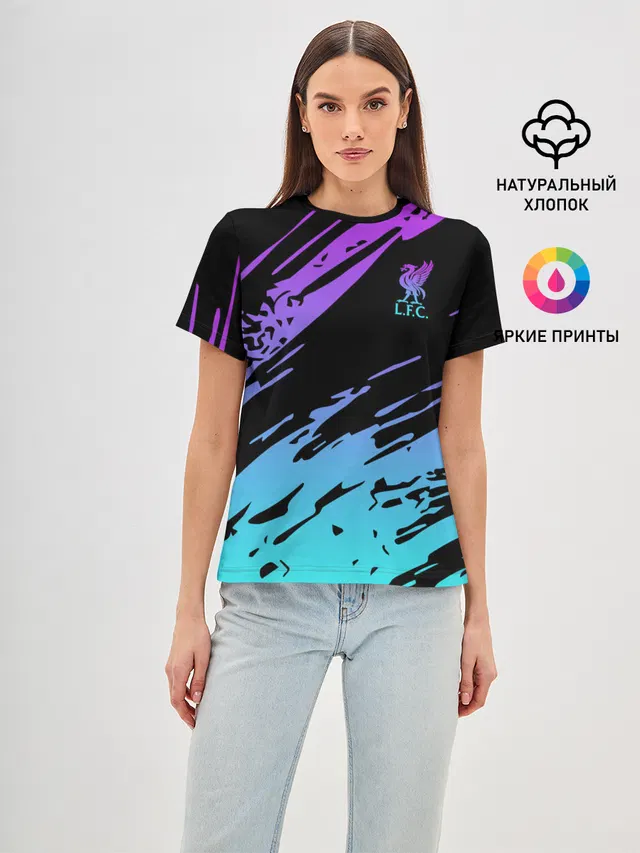 Женская базовая футболка с принтом «Black background — Liverpool F.C.»